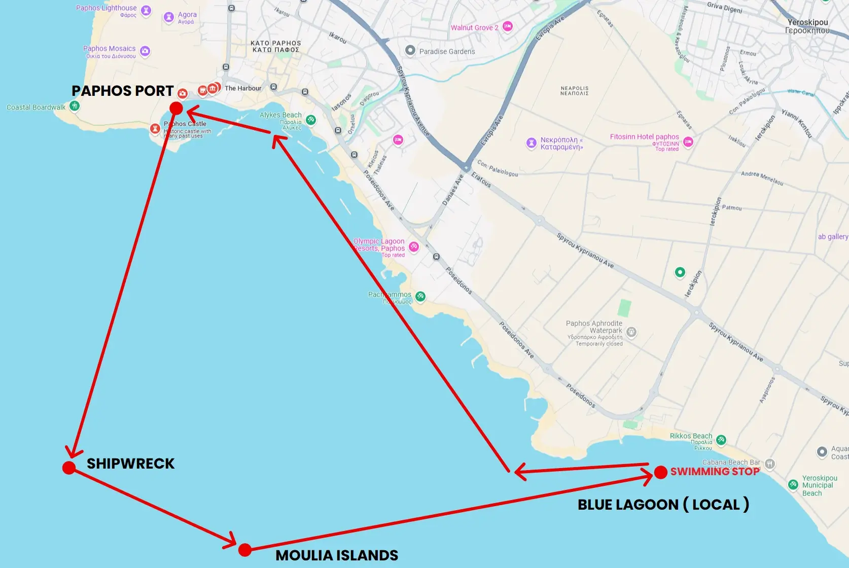 A map displaying the journey of the Yellow Glass Bottom Boat in Paphos, Cyprus